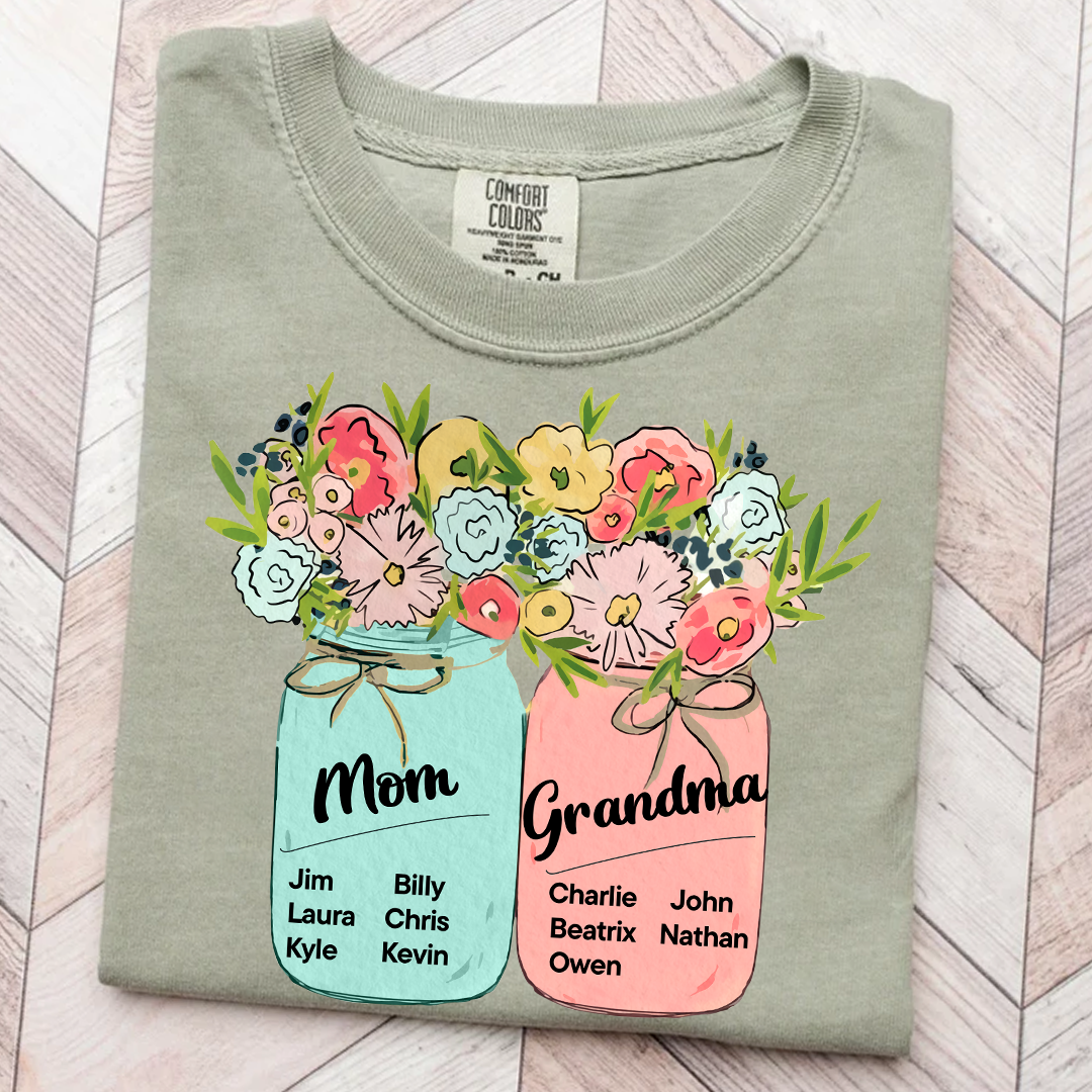 Comfort Colors® Mom & Grandma Kids Flower T-Shirt, Custom Family Names with Floral Design, Perfect Gift for Mom and Grandma