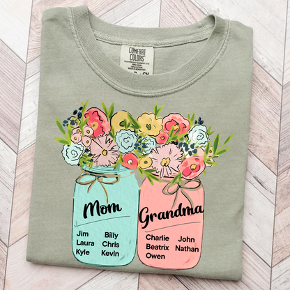 Comfort Colors® Mom & Grandma Kids Flower T-Shirt, Custom Family Names with Floral Design, Perfect Gift for Mom and Grandma