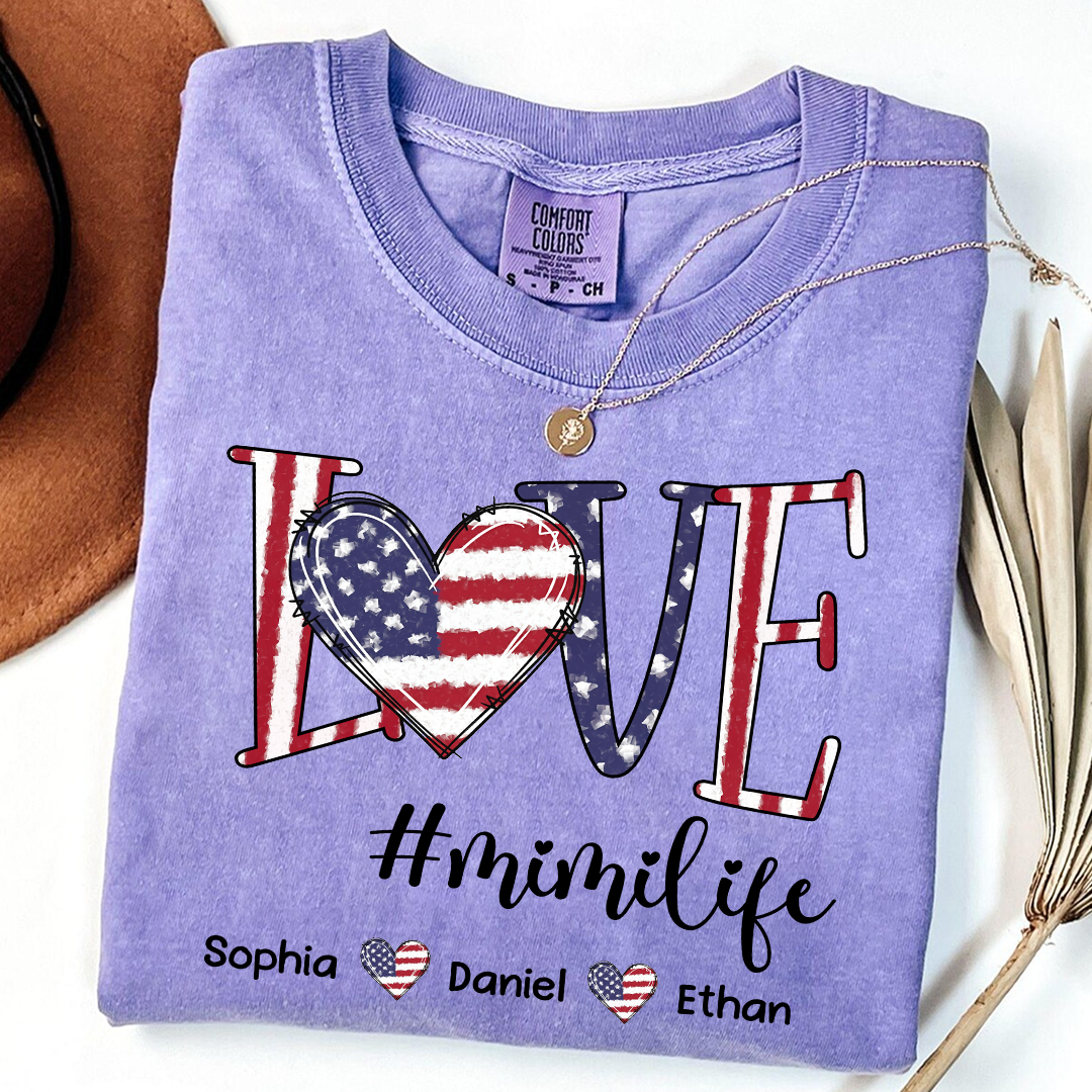 Comfort Colors Custom Mimi T Shirt with Grandkids Names USA Flag Love Graphic Mimi Life Shirt Personalized Grandma Apparel Family Gift