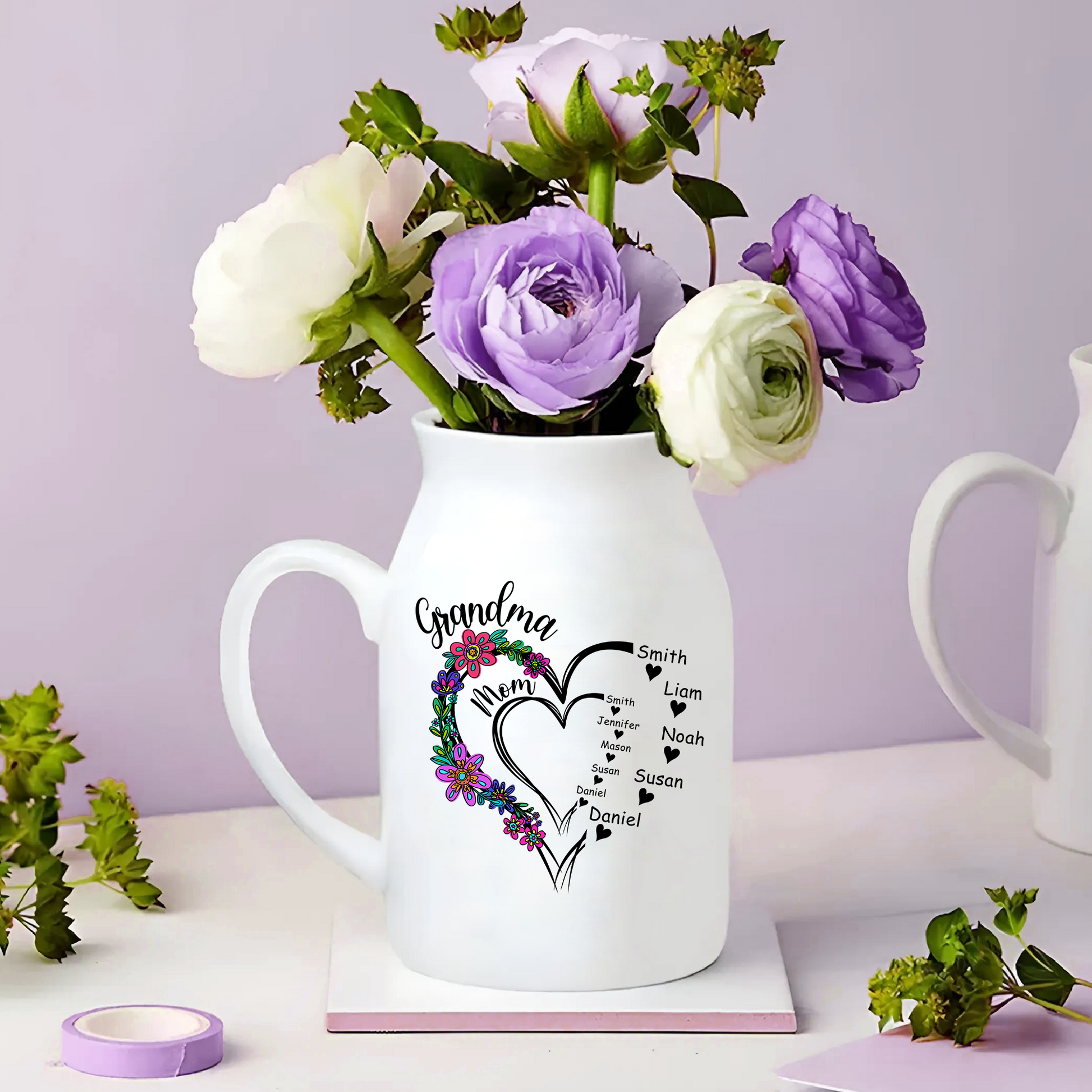 Grandma, Mom And Kids Heart Flower Garden - Custom Home Decoration Flower Vase According To Family Requirements - Warm Gift For Mother's Day, Ceramic Flower Vase