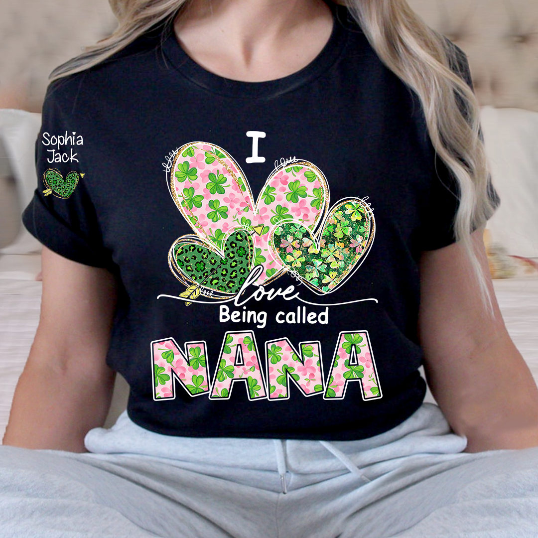 I Love Being Called Nana Shirt, St Patrick’s Day Floral Heart Family T Shirt, Gift For Grandma And Kids