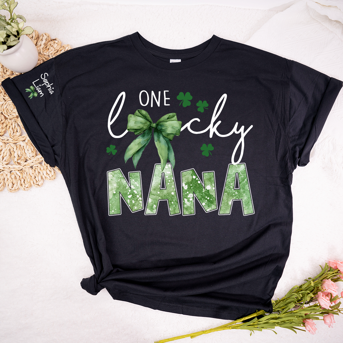 One Lucky Nana Shirt for St Patrick’s Day, Personalized Grandma Shamrock Clover T Shirt with Kids Names