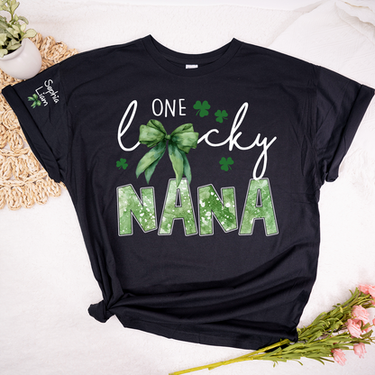 One Lucky Nana Shirt for St Patrick’s Day, Personalized Grandma Shamrock Clover T Shirt with Kids Names
