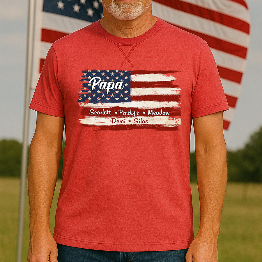 Grandpa With Grandkids Names 4th Of July Flag Classic X-Stitch Tee