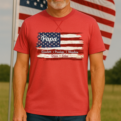 Grandpa With Grandkids Names 4th Of July Flag Classic X-Stitch Tee