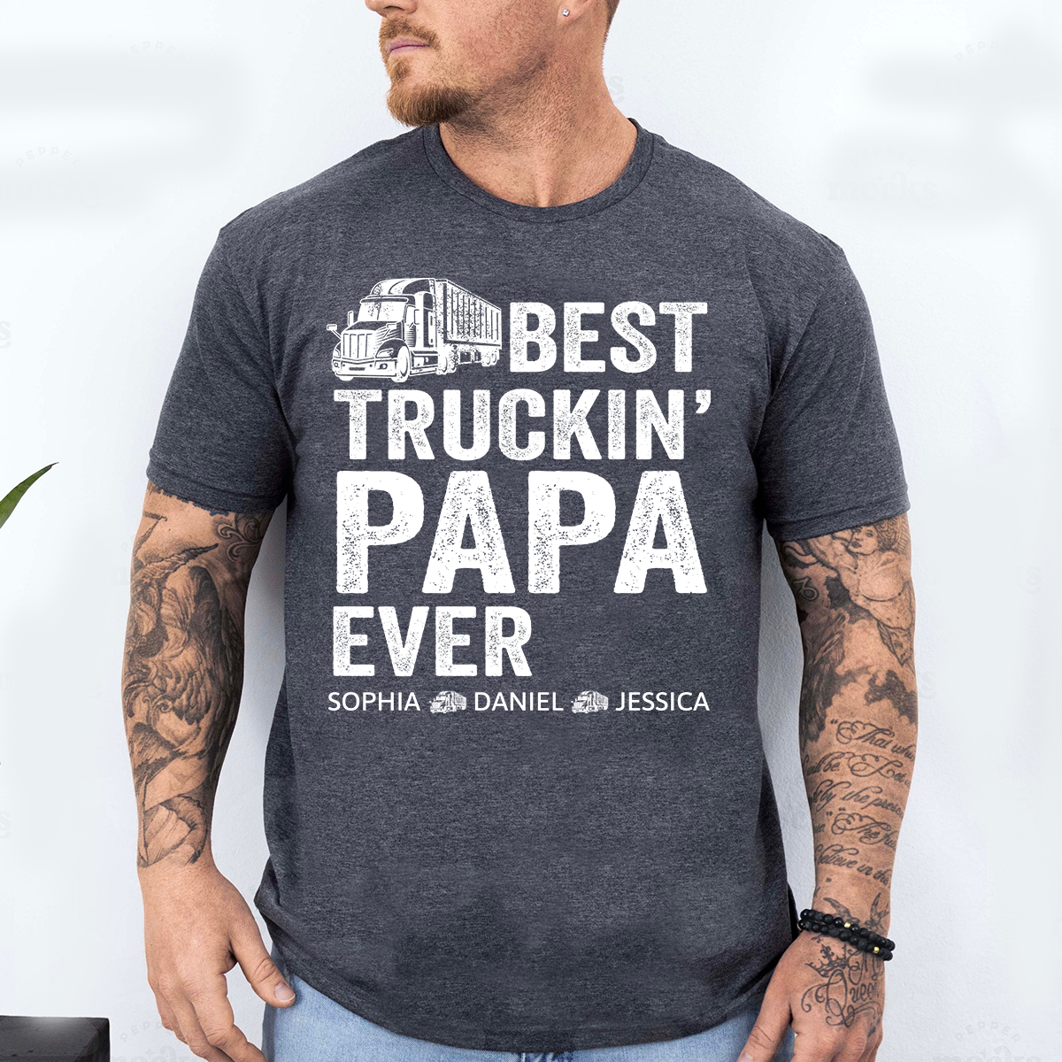 Custom Papa Truck Driver Shirt with Kids Names, Best Truckin' Papa Ever T Shirt, Personalized Family Gift for Trucker Dad