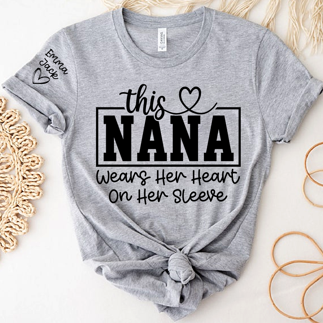 This Grandma Wears Her Heart on Her Sleeve Shirt, Personalized Grandkids Names Family T Shirt