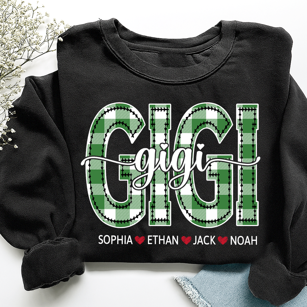 Personalized Gigi Sweatshirt, Custom Green Plaid Letters Shirt with Grandkids Names