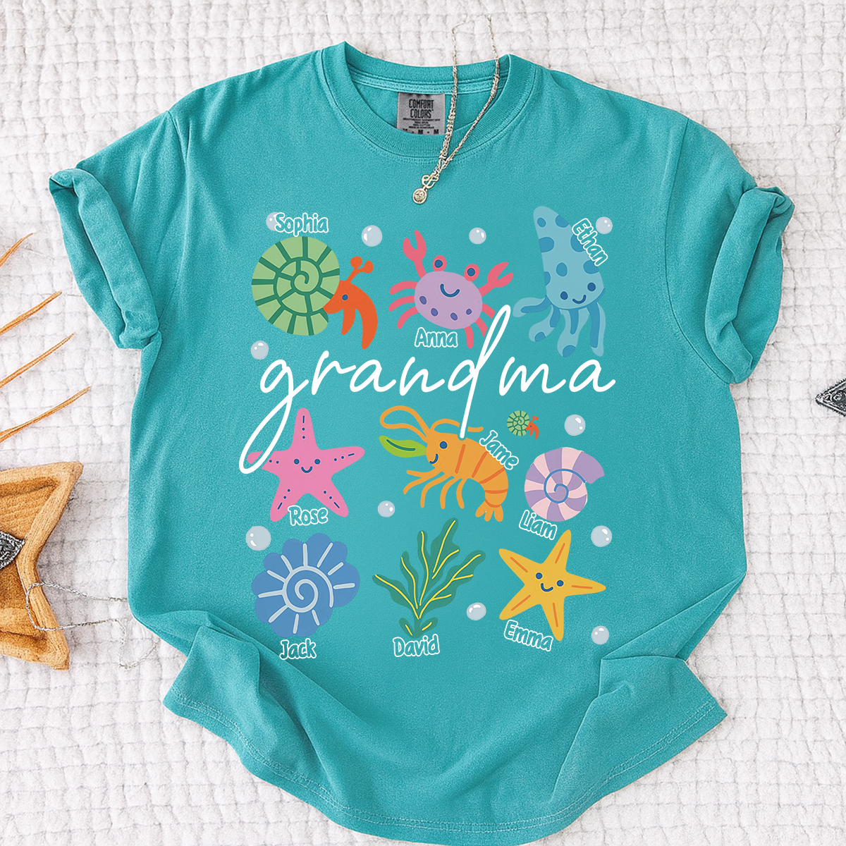 Comfort Colors® Personalized Grandma Sea Animals Shirt, Custom Grandkids Names Tee, Coastal Grandma Ocean Life T Shirt, Beach Gift for Grandma