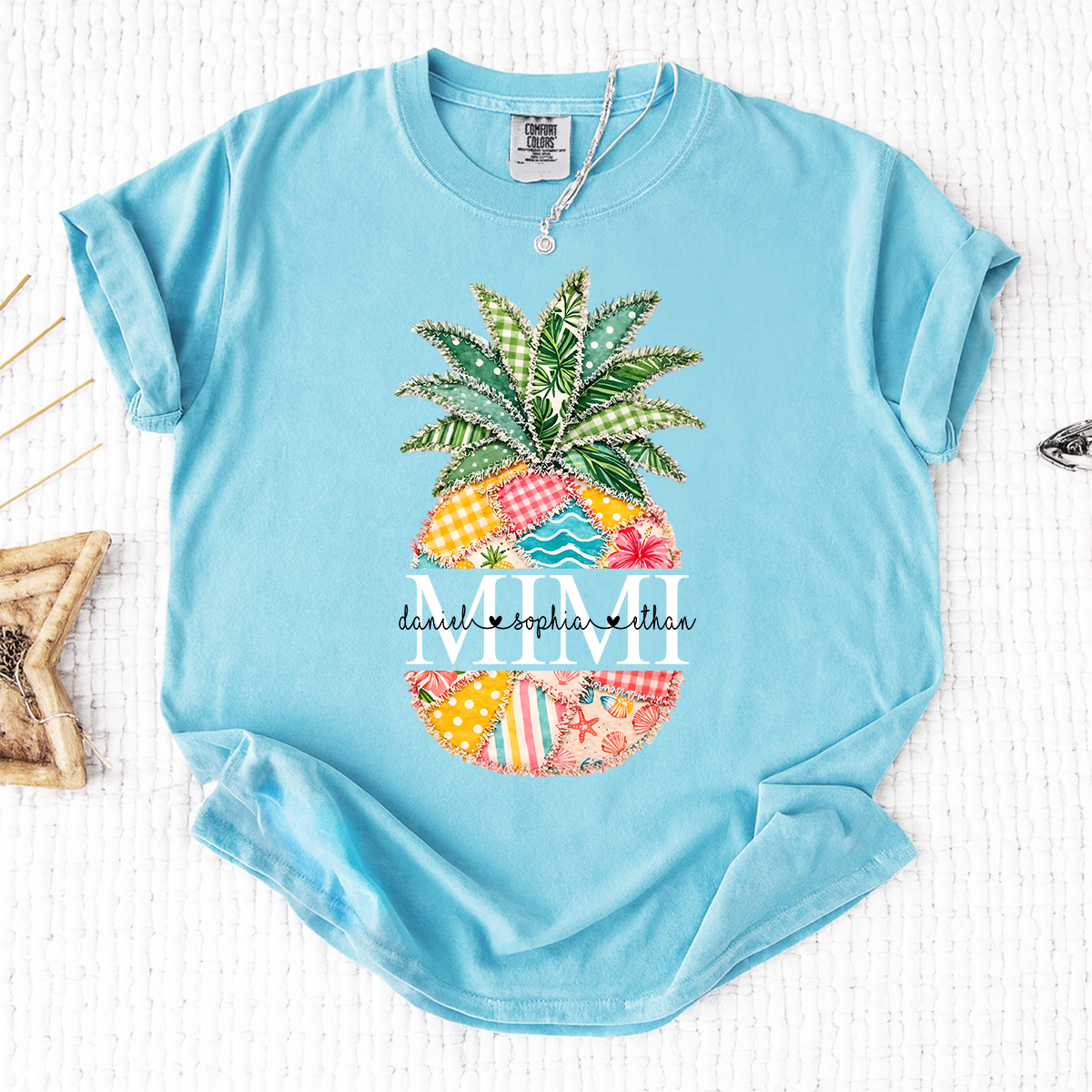 Comfort Colors Custom Mimi Pineapple Patchwork Shirt, Personalized Grandma Beach Tee with Grandchildren Names, Summer Family Gift