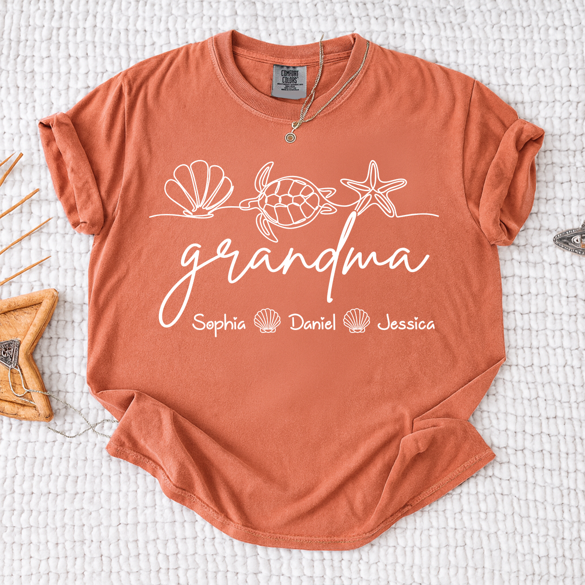 Comfort Colors Personalized Grandma Beach Shirt with Kids Names, Sea Turtle Shell Starfish Graphic Tee, Custom Grandma Summer Vacation Shirt