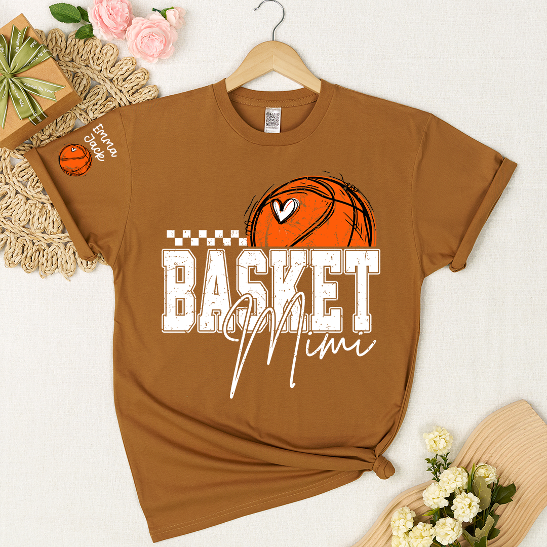 Custom Basketball Mimi Shirt, Personalized Family Tee with Grandchildren Names and Basketball Graphic