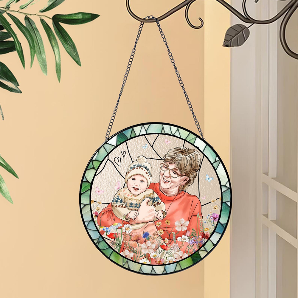 Personalized Grandma & Grandkids Stained Glass Portrait, Custom Family Glass Suncatcher