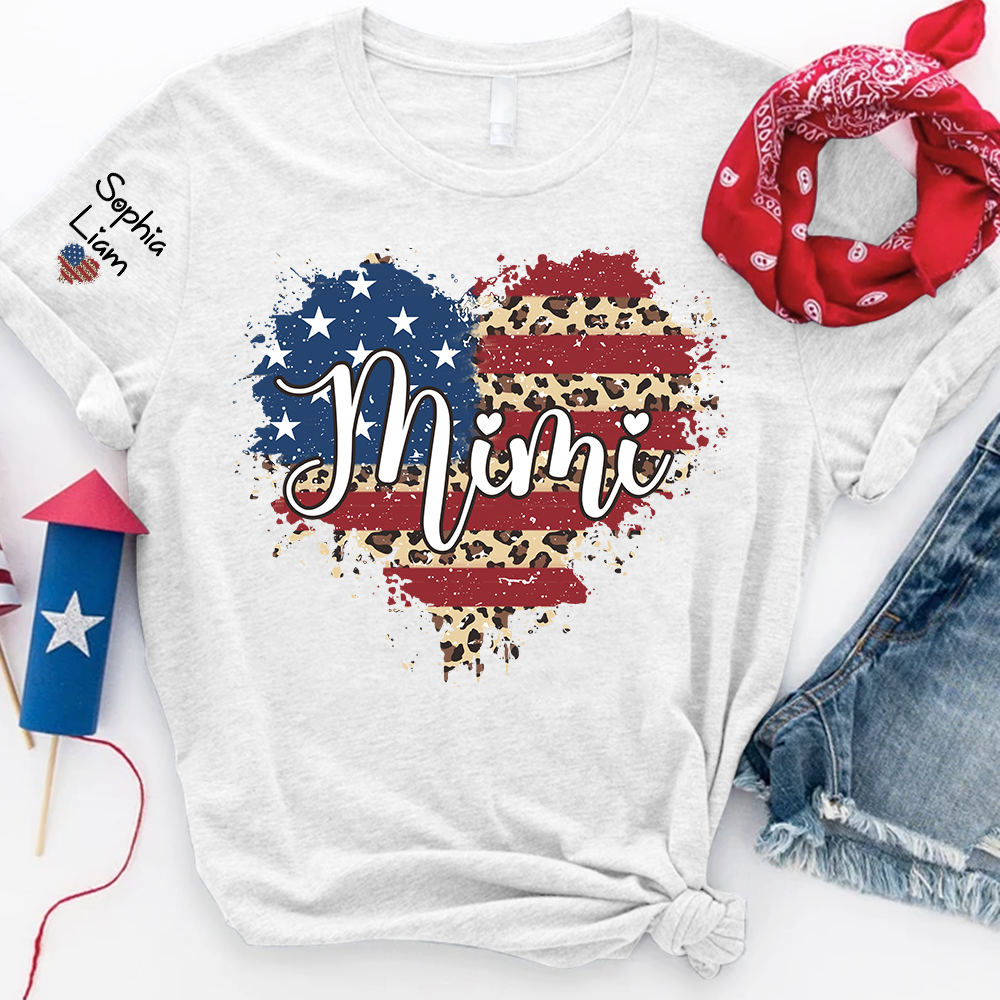 Personalized Mimi Shirt with Kids Names American Flag Heart Leopard Print Custom Grandma Mimi Tee Patriotic Family Shirt for Women