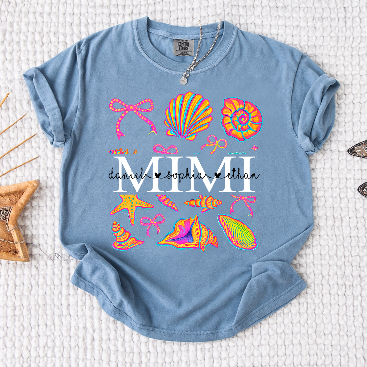 Comfort Colors Personalized Mimi Shirt with Names, Vibrant Seashell Beach Design Tee, Summer Family Gathering Outfit for Women