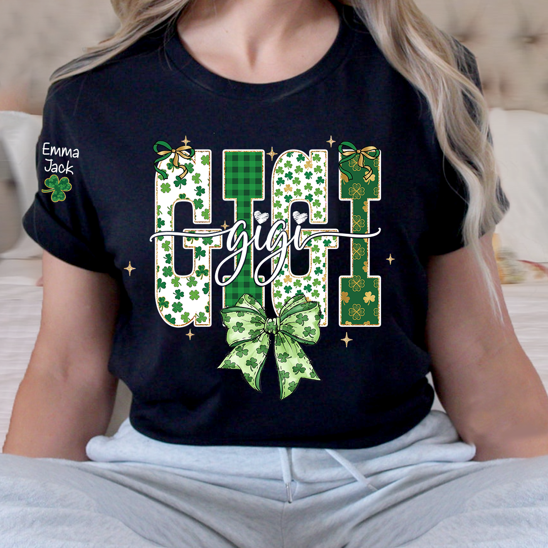 Lucky Gigi St Patrick’s Day T Shirt, Green Clover Bow Design, Gift For Grandma And Grandchildren