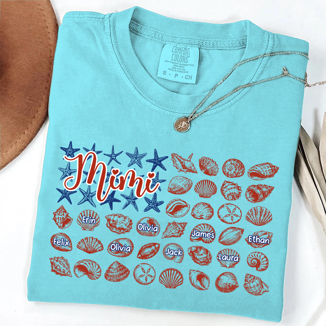 Comfort Colors Custom Mimi Shirt with Kids Names, Personalized Beach Shells Grandma Tee, Summer Family Vacation Gift for Grandmother