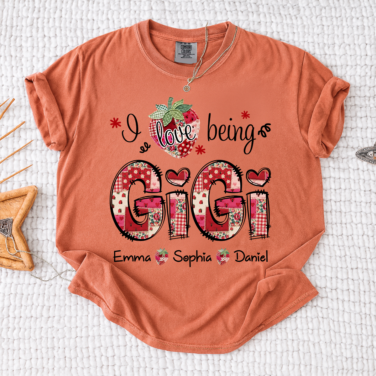 Comfort Colors Personalized I Love Being Gigi Shirt, Custom Grandma Strawberry Patchwork Tee with Names, Gift for Grandma