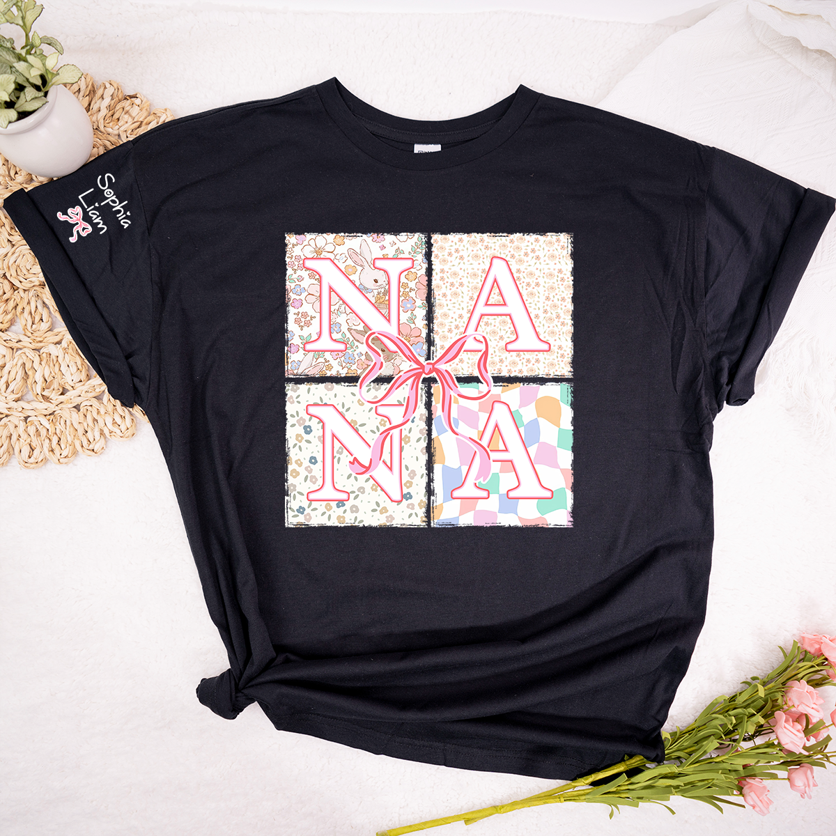 Personalized Nana Easter Shirt, Custom Grandma Shirt With Grandkids Names, Floral Bunny Patchwork Design