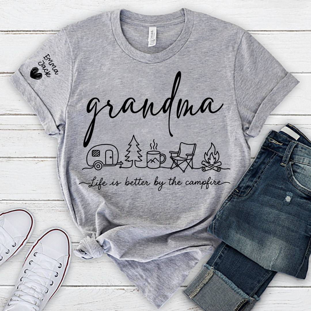 Grandma Camping Shirt, Life Is Better By The Campfire Tee, Personalized Grandkids Names Sleeve Shirt, Camping Gift for Grandma