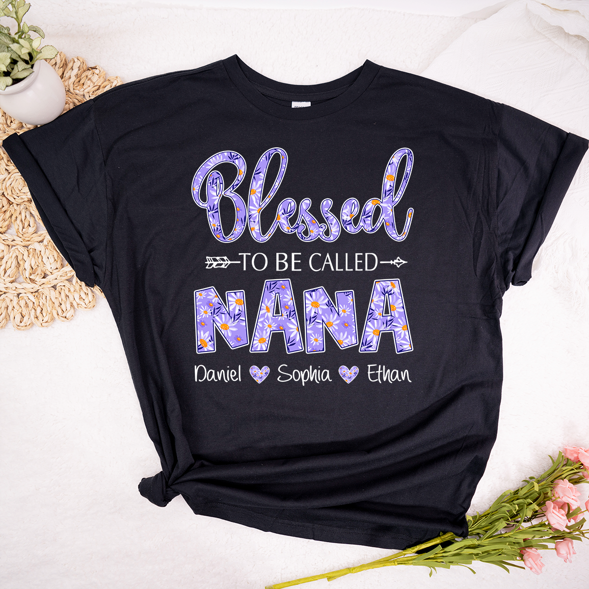 Blessed to Be Called Nana Shirt, Personalized Grandma T Shirt with Grandkids Names, Purple Floral Design