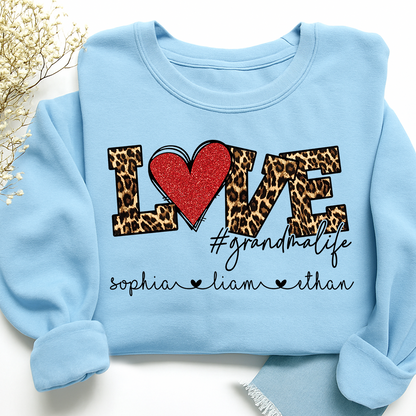Personalized Grandma Sweatshirt with Grandkids Names, LOVE Leopard Heart Design, Grandma Life Custom Family Crewneck