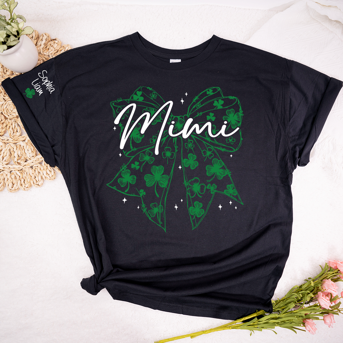 Mimi Clover Shirt Personalized with Grandkids Names, St Patrick’s Day Grandma Gift, Shamrock Bow Family T-Shirt