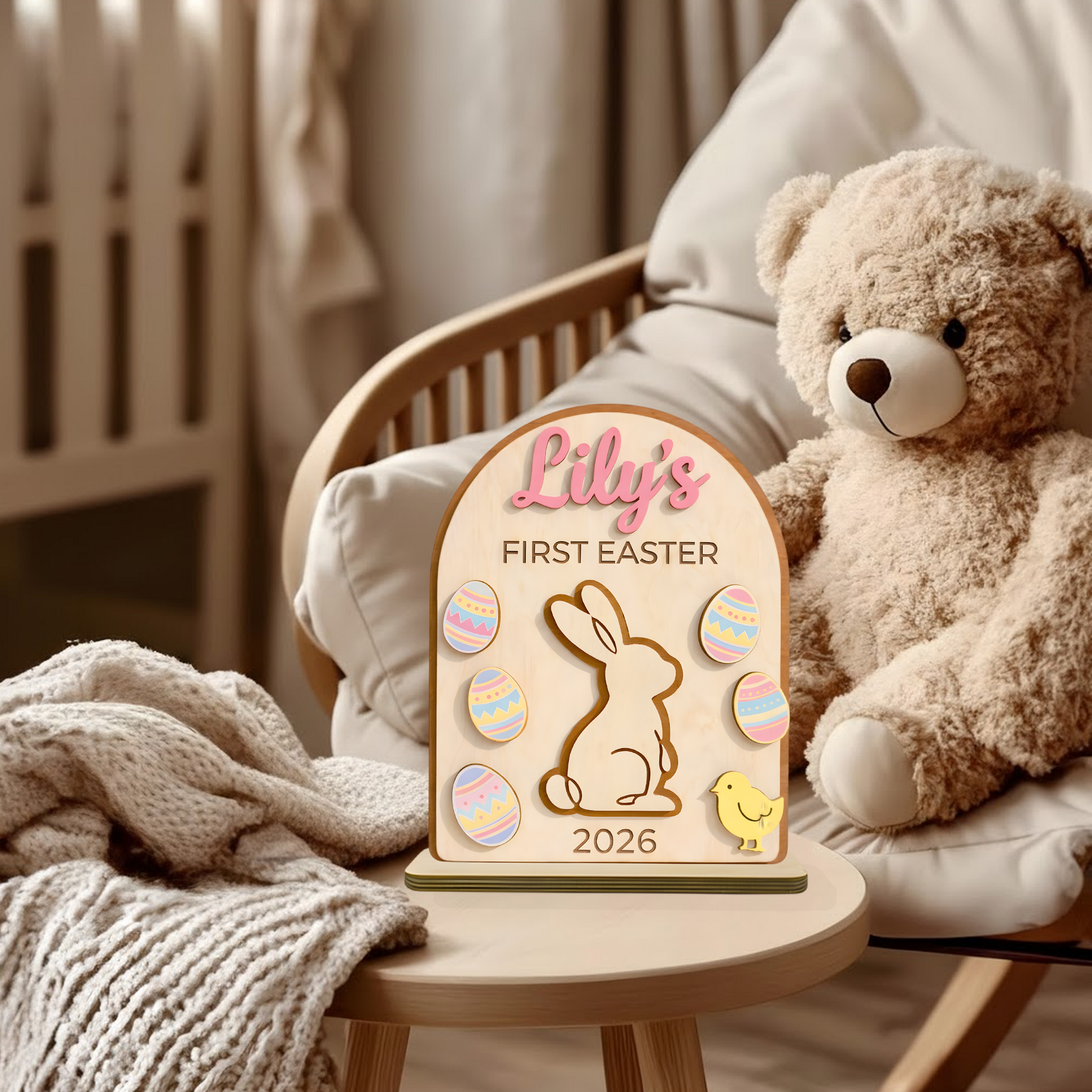 Personalized First Easter Wooden Plaque - Custom Name and Date for Baby Boy or Girl, Cute Bunny and Egg Design