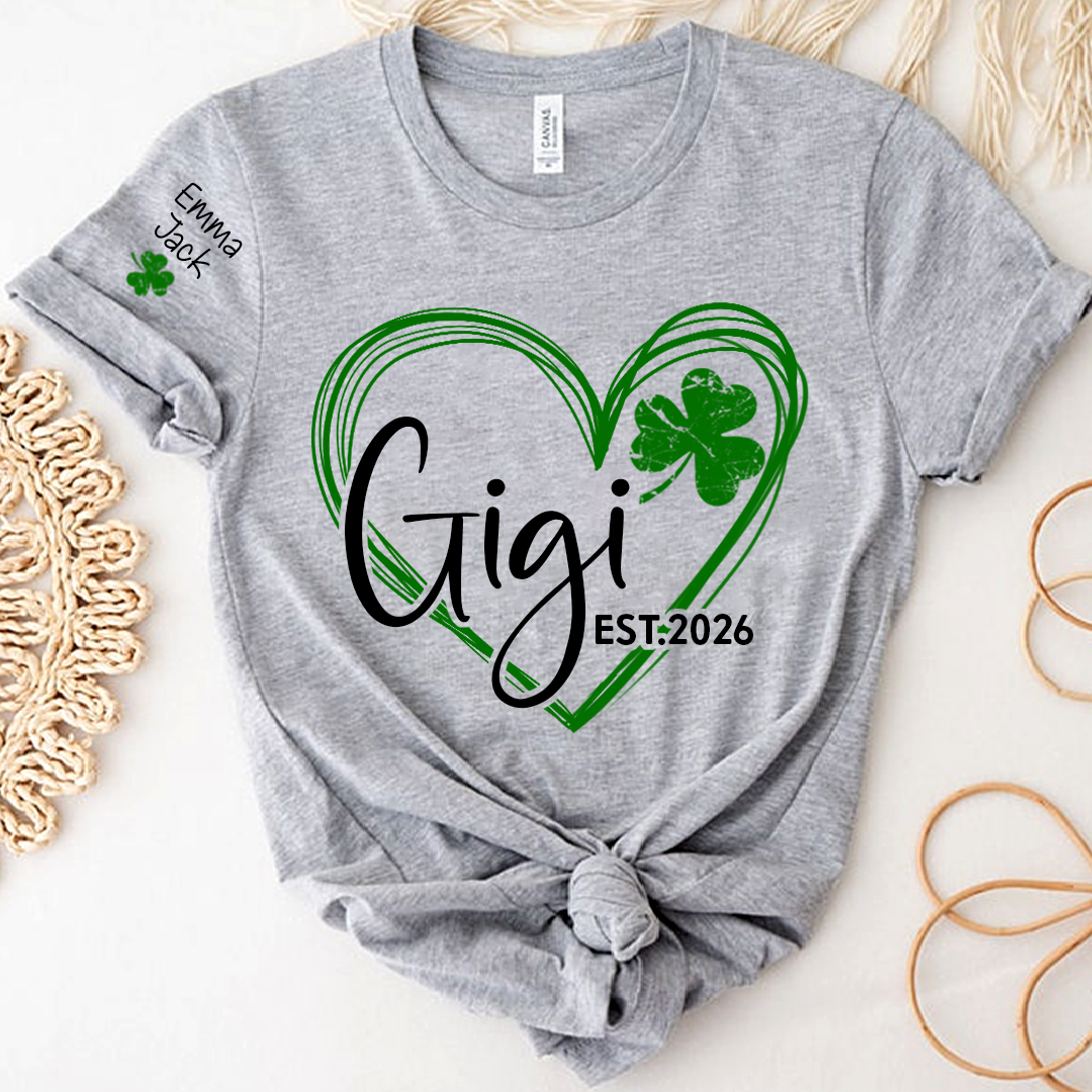 Cute Green T-Shirt With Gigi Shamrock Heart Print For St. Patrick's Day, With Your Grandchildren's Names