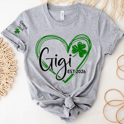 Cute Green T-Shirt With Gigi Shamrock Heart Print For St. Patrick's Day, With Your Grandchildren's Names
