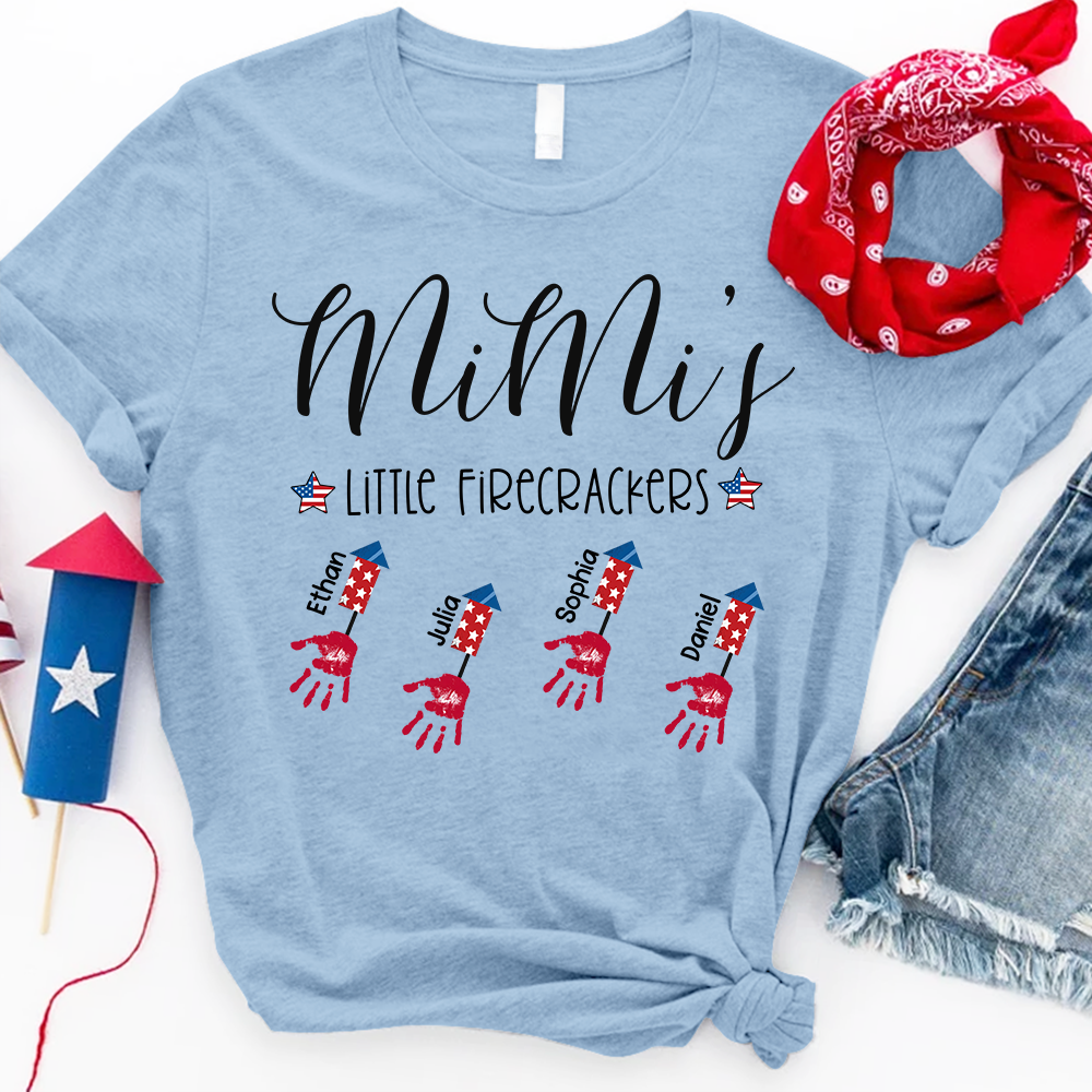 Personalized Mimi's Little Firecrackers T Shirt, Custom Grandchildren Names with Firework Handprint Design