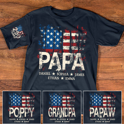 Custom Papa Shirt, 250th Anniversary USA Flag Design, Personalized with Grandkids Names, Patriotic Gift
