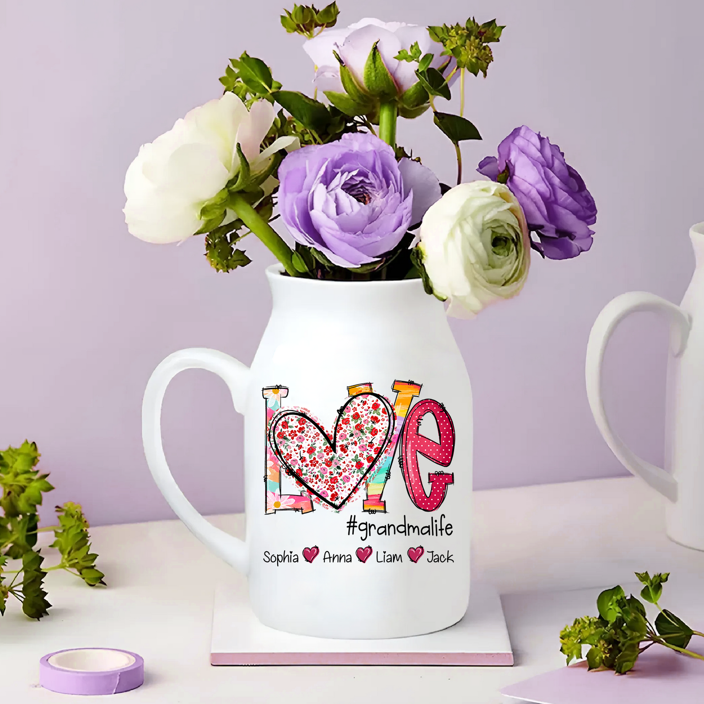 Heart Custom Name Grandma And Kids - Custom Home Decoration Flower Vase According To Family Requirements - Warm Gift For Mother's Day, Ceramic Flower Vase