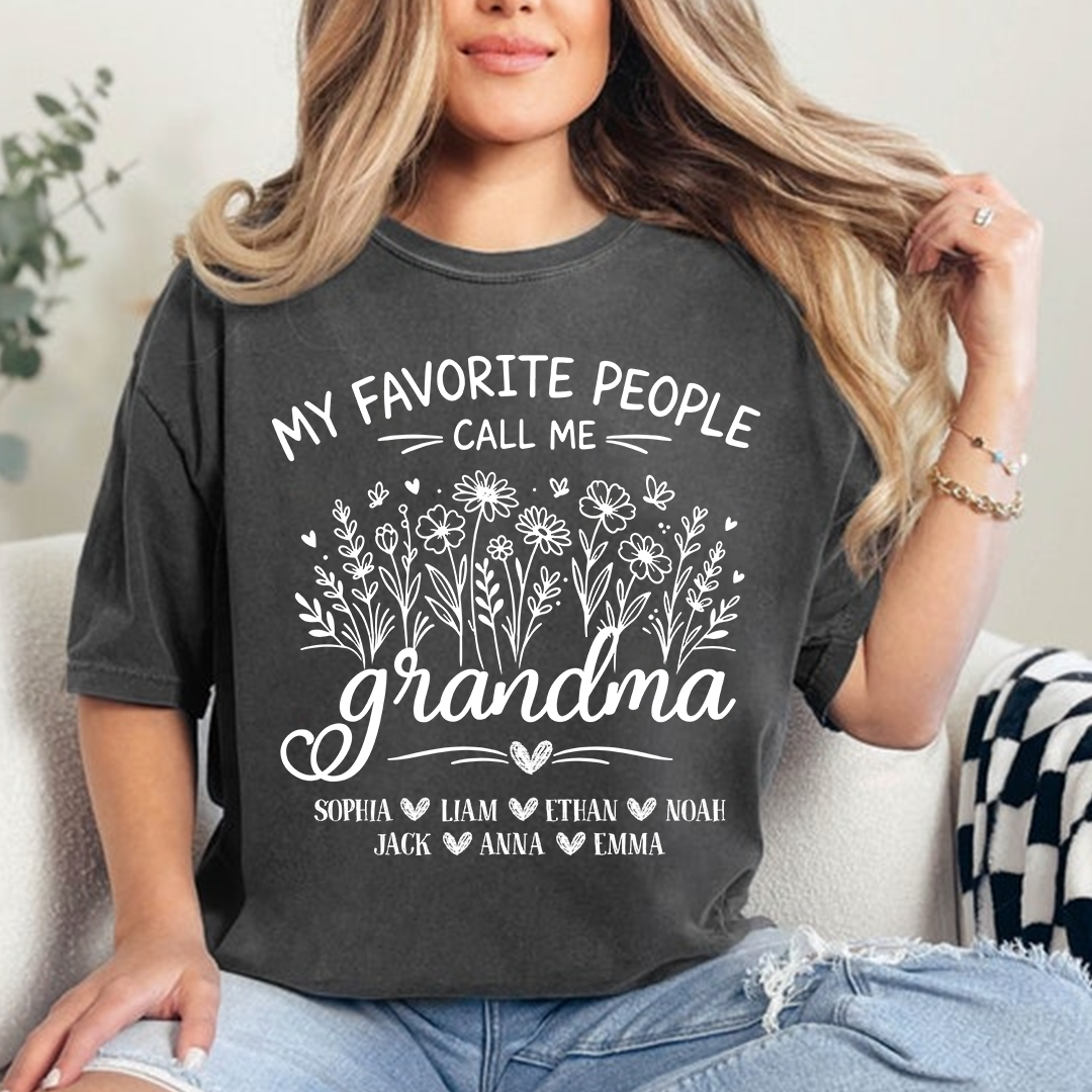 Personalized Grandma T-Shirt, My Favorite People Call Me Grandma Floral Design with Names