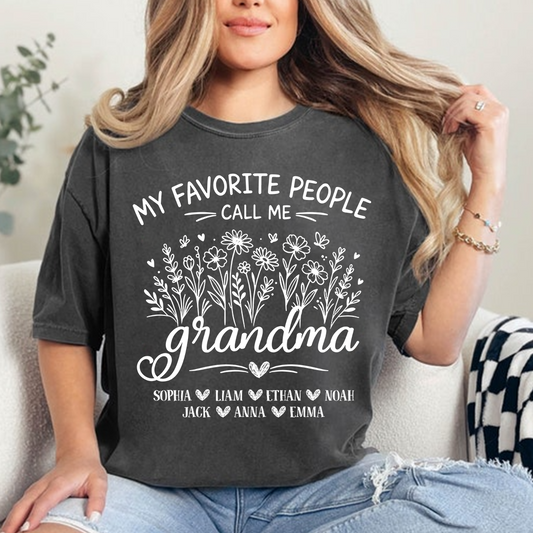 Personalized Grandma T-Shirt, My Favorite People Call Me Grandma Floral Design with Names