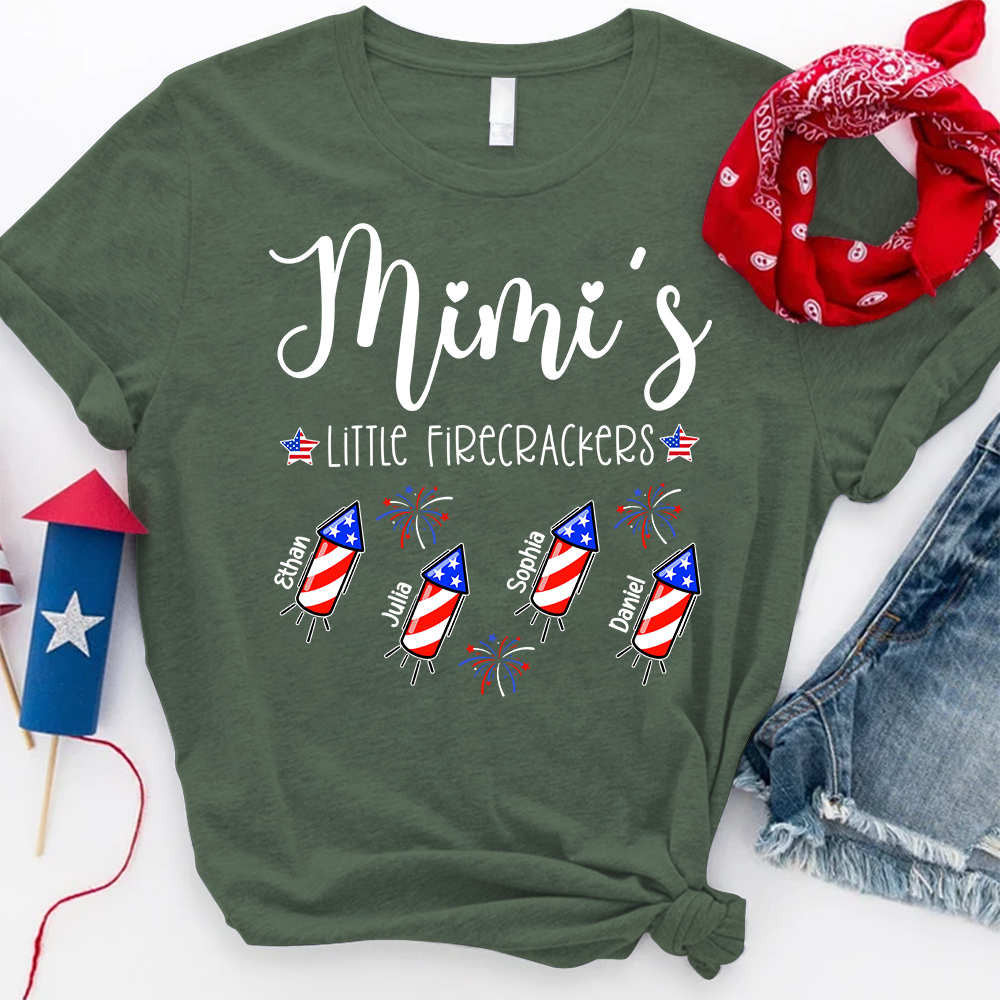 Custom Mimi Little Firecrackers Shirt, Children Names Personalized, Patriotic Stars Rockets Graphic, Family Matching Independence Day Apparel
