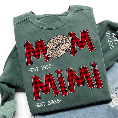 Personalized Mom Mimi Sweatshirt, Custom Leopard Lips Plaid Letters
