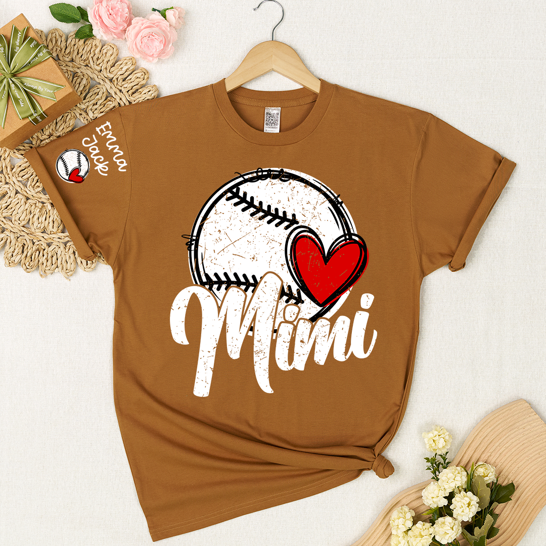 Personalized Mimi Baseball Shirt, Heart and Bat Design with Custom Names