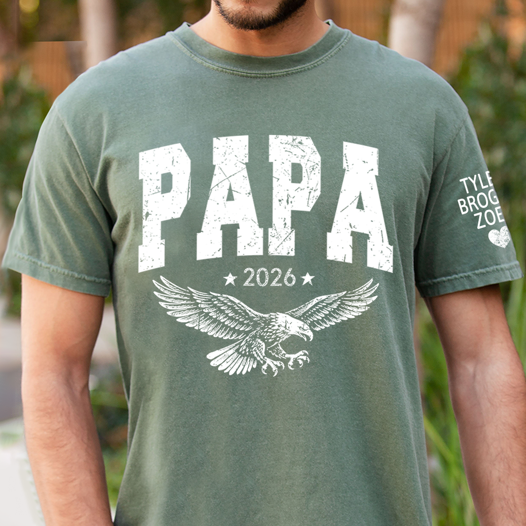 Custom Papa T-Shirt, Personalized Distressed Patriotic Eagle Design Father's Day Tee