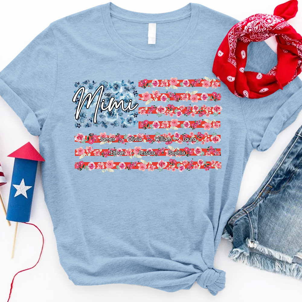 Personalized Mimi Shirt with Floral American Flag, Custom Grandkids Names T Shirt, Patriotic Gift for Mimi