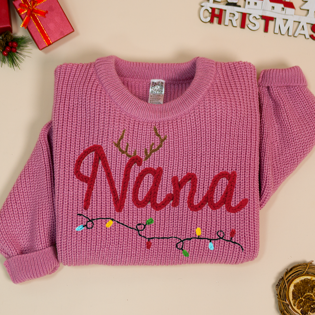 Personalized Nana Hand-Embroidered Sweater, Cozy Christmas Knit Pullover, Unique Holiday Gift for Grandmas and Family