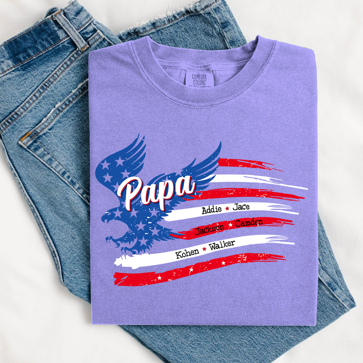 Comfort Colors® Personalized Papa Shirt, Eagle with Grandkids name Hands Flag T-Shirt, Custom Shirt for Fathers Day