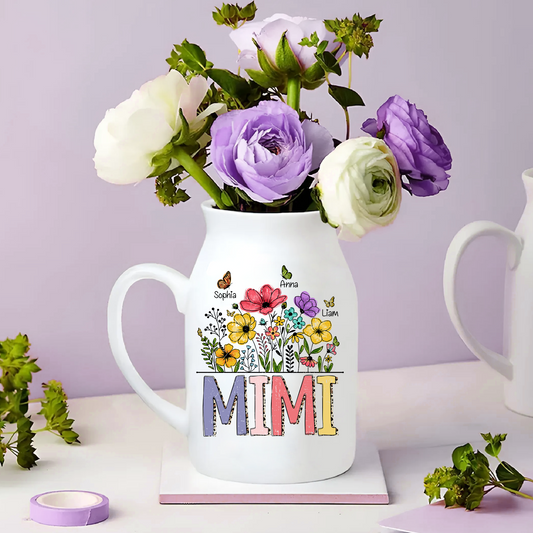 Wild Flower, Hand Drawn Blooming Wildflower Mimi And Kids - Custom Home Decoration Flower Vase According To Family Requirements - Warm Gift For Mother's Day, Ceramic Flower Vase