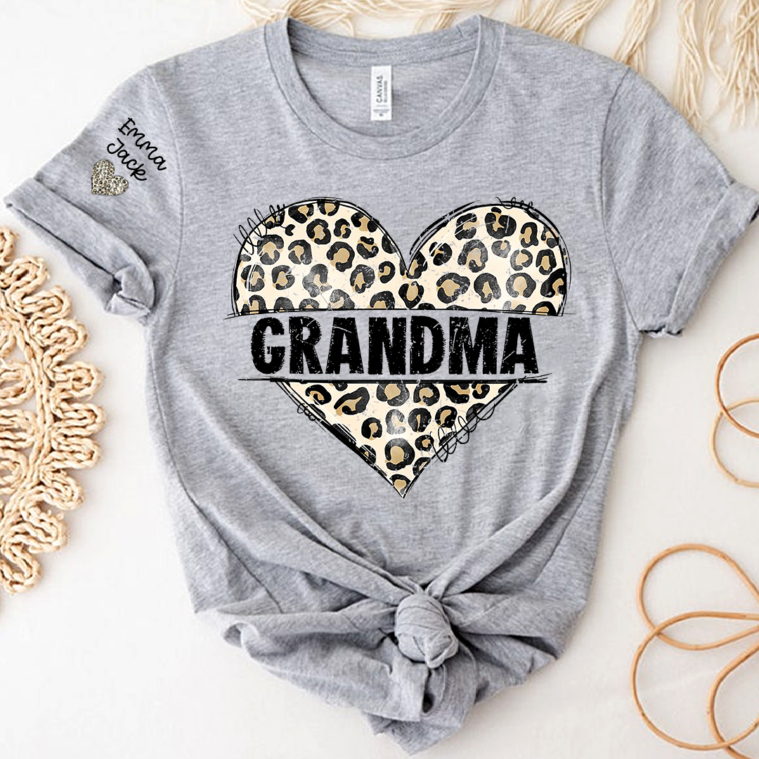 Leopard Heart Grandma Shirt, Personalized Grandkids Names Family T Shirt