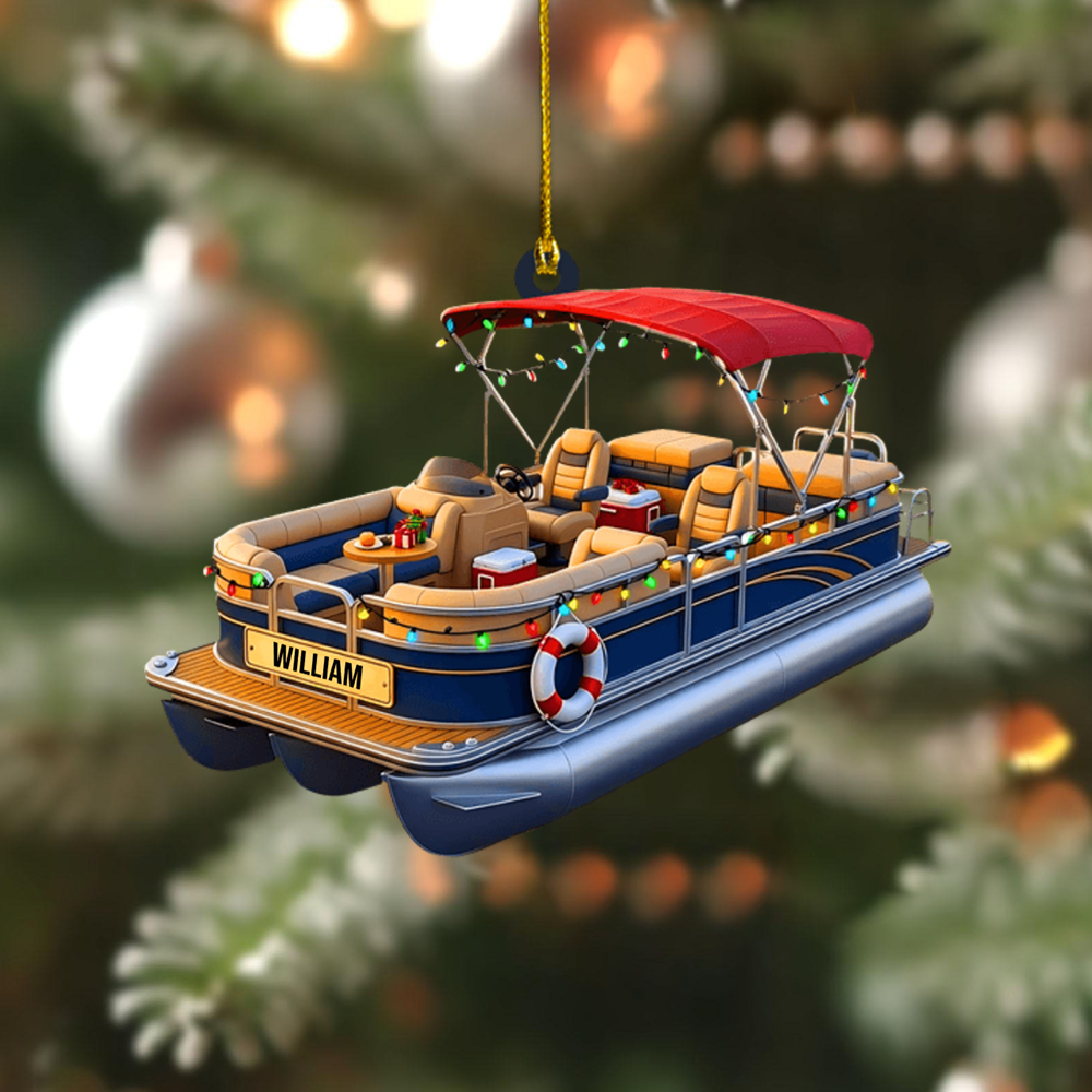 Personalized Pontoon Boat Ornament 2025 – Custom Name Boating Christmas Tree Decoration Gift Ornament