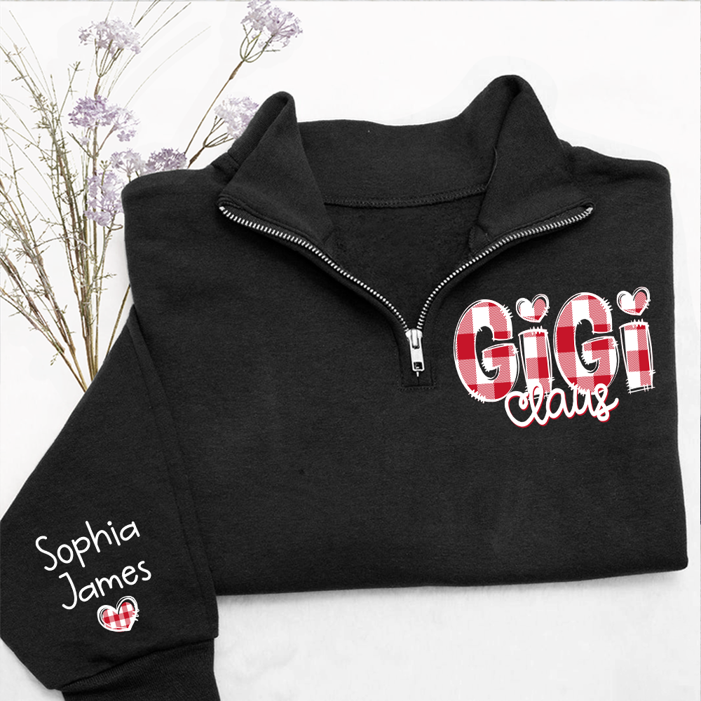 Personalized Gigi Claus Zip Sweatshirt – Custom Name Buffalo Plaid Christmas Sweatshirt Gift For Grandma