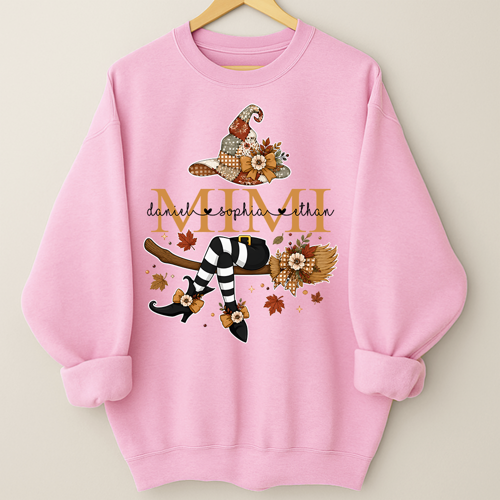 Personalized Halloween Mimi Sweatshirt, Witch Hat Pumpkin Floral Sweatshirt, Custom Kids Names Grandma Fall Outfit