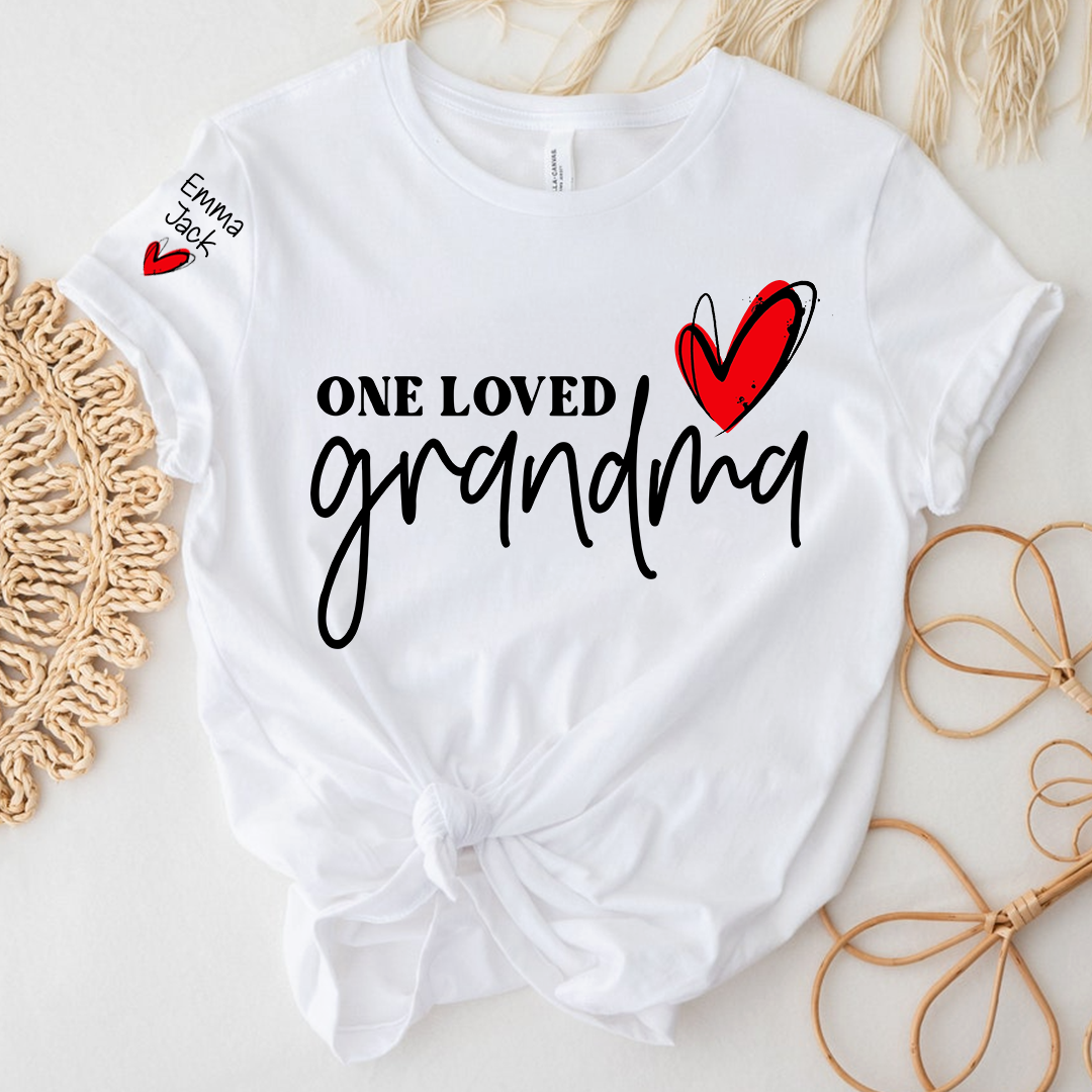 One Loved Grandma T-Shirt, Personalized Grandma T-Shirt with Heart Design and Custom Name