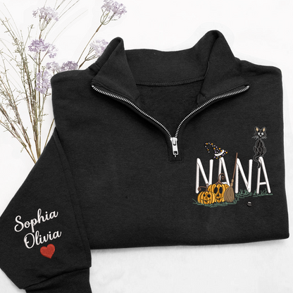 Personalized Nana Halloween Quarter Zip, Custom Embroidered Pumpkin Sweatshirt