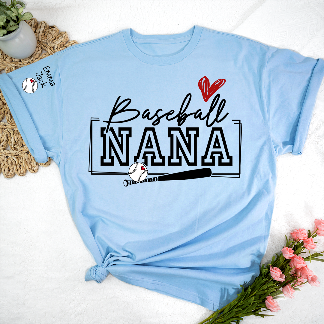 Proud Baseball Nana T Shirt, Personalized Family Sports Shirt with Bat and Heart Design